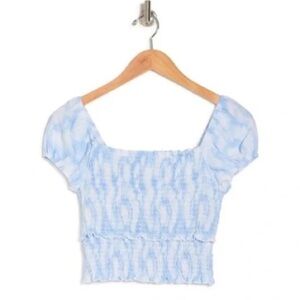 LUSH Blue and White‎ Swirl Smocked Short Sleeve Crop Top, Size L, NWT